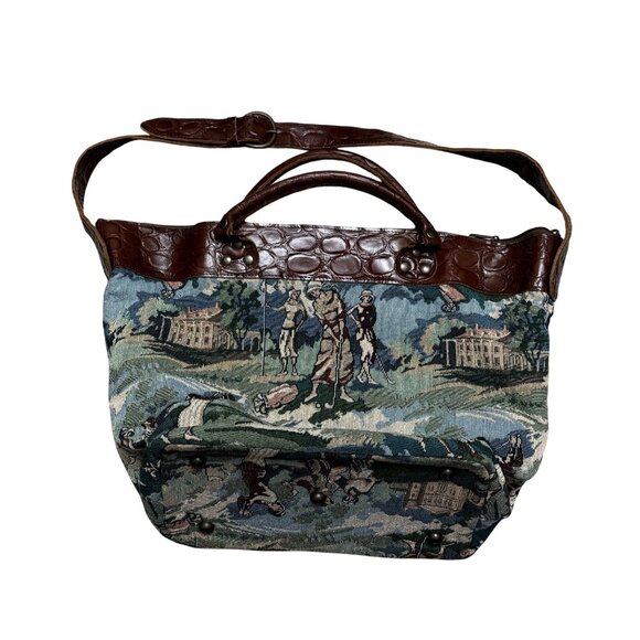 Douglas Handbags - Douglas Women's Tote Shoulder Bag Blue Brown Leather Strap Golf Vintage Tapestry